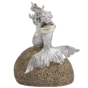 360 stand Contemporary Shiny Mermaid on a Rock Sculpture - 10x8x5 in Mermaid Art, Tropical Room Decoration, Home Supplies Figurine, Ornaments, Gift, Silver