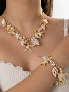 2-Piece Ocean Vacation Style Alloy Pearl Imitation Starfish and Seashell Jewelry Set, Versatile Necklaces and Bracelets for Daily Wear and Gifting