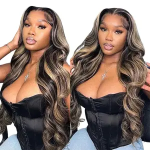 Megalook 13x4 HD Highlight Human Hair Body Wave Ombre Lace Front Wig Brazilian Honey Blonde Colored 30 Inch Pre Cut and Pre Plucked for Women