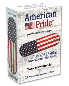 American Pride Premium Adhesive American Flag Fabric Bandages from Hug-a-BooBoo.  Strong and Comfortable Flex Fabric!  24 Ct