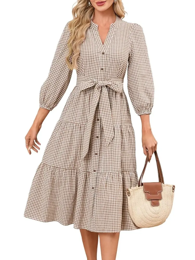 Women's Gingham Plaid Midi Dress Button Down V Neck 3/4 Puff Sleeve Tie Waist Tiered Flowy Swing Dress Cottagecore Vintage Preppy Modest Casual Fall Spring Outfit Teacher Work Everyday Elegant Holiday Picnic Party Chic Sundress Wardrobe Essential