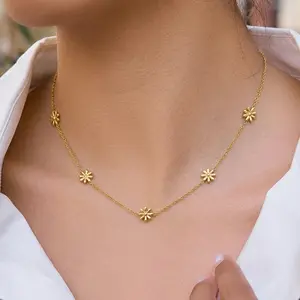 Daisy Flower Necklace & Bracelet Set, Stainless Steel 18K Gold Plated Sparkle CZ Charm Jewelry, Minimalist Dainty Fashion Accessories, Everyday Stackable Set, Gift for Her