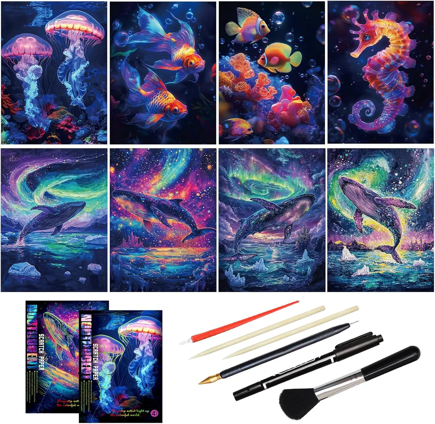 Scratch Art Adult DIY Paint by Scratch Rainbow Scratch Paper Art Colorful Sketches Scratch with 5 Scratch Tool for DIY Craft GiftOcean World