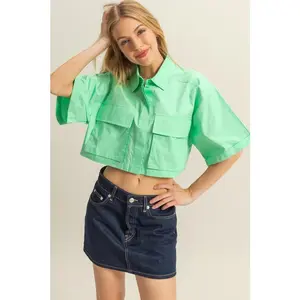Lenalux Front Pockets Poplin Collared Neck Crop Shirt varsity jacket Cotton Womenswear Breathable Chic Comfortable Blouse Top Piece oversized