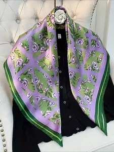 100% Mulberry Silk 34.64" Square Scarf Shawl, Purple Green Geometric Floral Pattern, Elegant & Stylish, All-Season Versatile, Perfect Gift for Valentine’s Day, Christmas & Mother’s Day