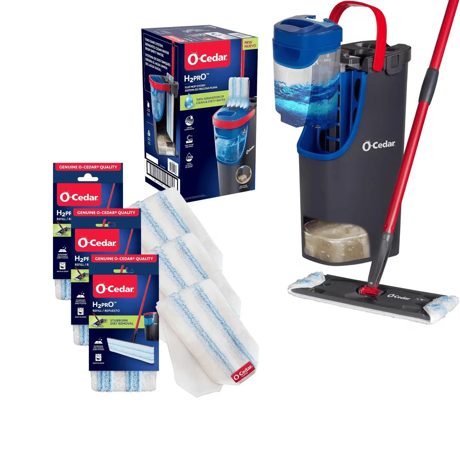 O-Cedar H2prO Flat Mop System - Dual-Tank Design, Reusable Microfiber Pads, Home Floor Cleaning Tool