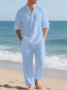 Men's Linen V-Neck Long Sleeve Shirt Set, Casual Loose Fit Breathable Henley Top & Pants, Fall Fashion for All Seasons