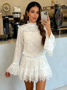 French Elegance Stand Collar Flared Sleeves Lace Dress Two-piece Set, White Lace Long Overlay & Inner Strapless Dress, Women's Fashion Waist Cinched A-Line Wave Hem Short Dress, Womenswear