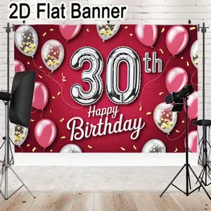 2D flat banner, 1pc30th Happy Birthday Backdrop, Silver Foil Balloons & Pink Balloons Party Decorations, Red Background Festive Birthday Banner for 30th Celebration