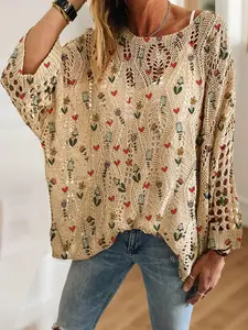 Floral Heart Print Long Sleeve Knit Top, Casual Elegant Vacation Style Sweater, Loose Batwing Shoulders, Spring Summer Fall Women's Clothing