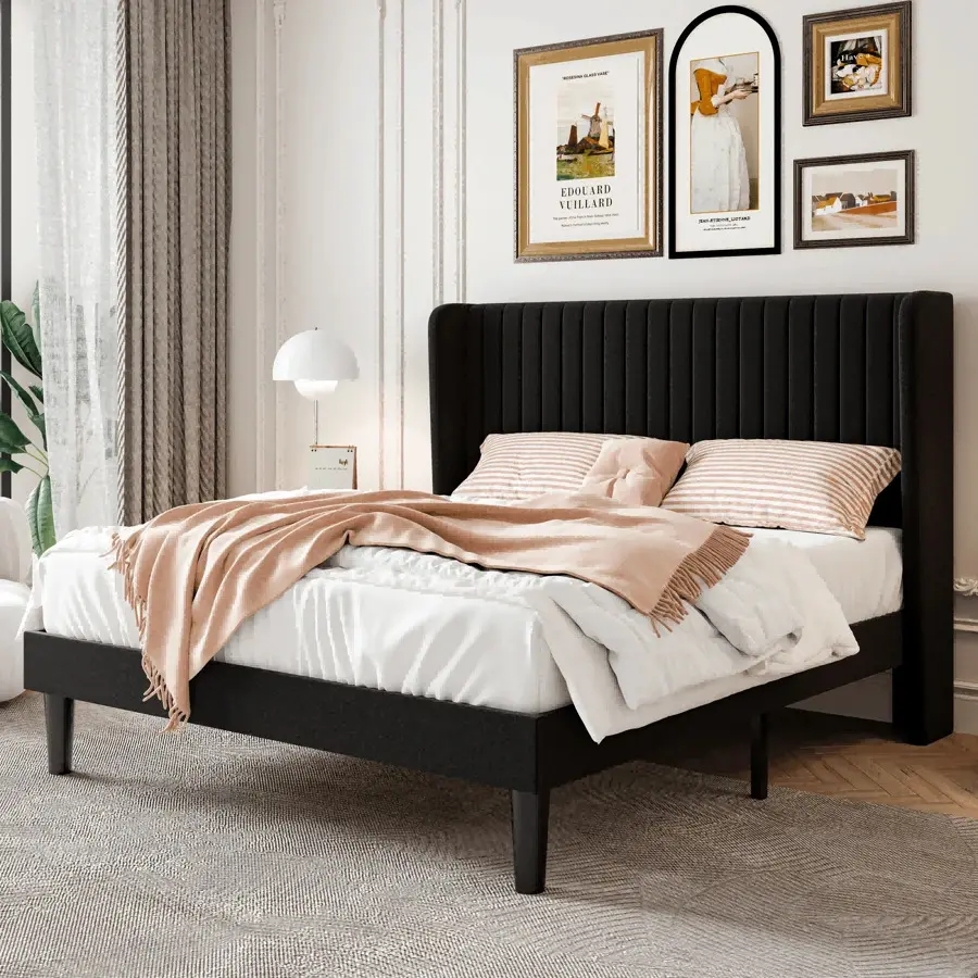 Full/Queen/King Size Velvet    Vertical Channel Tufted Wingback Headboard, Upholstered Platform   Wood Slats, No Box Spring Needed, Easy Assembly, Teal |   White |   Black |   Blue |   Green |   Teal *   Queen Queen     Full