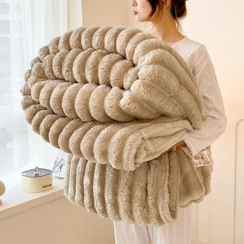 【Labor Day's Deal】Luxurious Faux Rabbit Fur Throw Blanket  -Ultra-Soft, Solid Color, Lightweight, Classic Stripe Pattern,Multi-Color, The Dreamer Blan