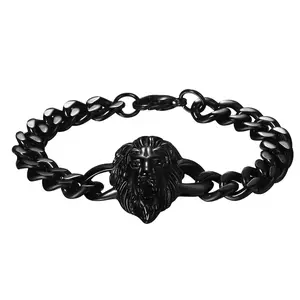OIDEA Men's Lion Head Cuban Link Bracelet - Black Stainless Steel Biker Chain, Punk Gothic Hip Hop Jewelry Gift for Boyfriend, Bracelet For Boyfriend