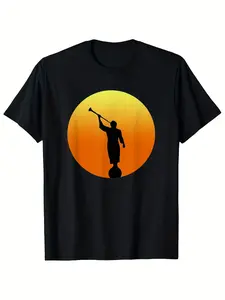 Men'S & Women'S Mormon Angel Moroni LDS Church T-Shirt - Black with White Moro Noi Statue Symbol & Golden-Yellow to Red-Orange Ombre Circle Design, 220gsm Heavyweight Pure Retro Round Neck Casual Tee for Mormon Faith Apparel