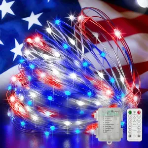 LAMPHOME Red White Blue Patriotic Fairy Lights, 33Ft 100LED Battery Operated Twinkle Lights, Waterproof Red White and Blue Starry Firefly String Lights for 4th of July Tree Holiday Party Decor
