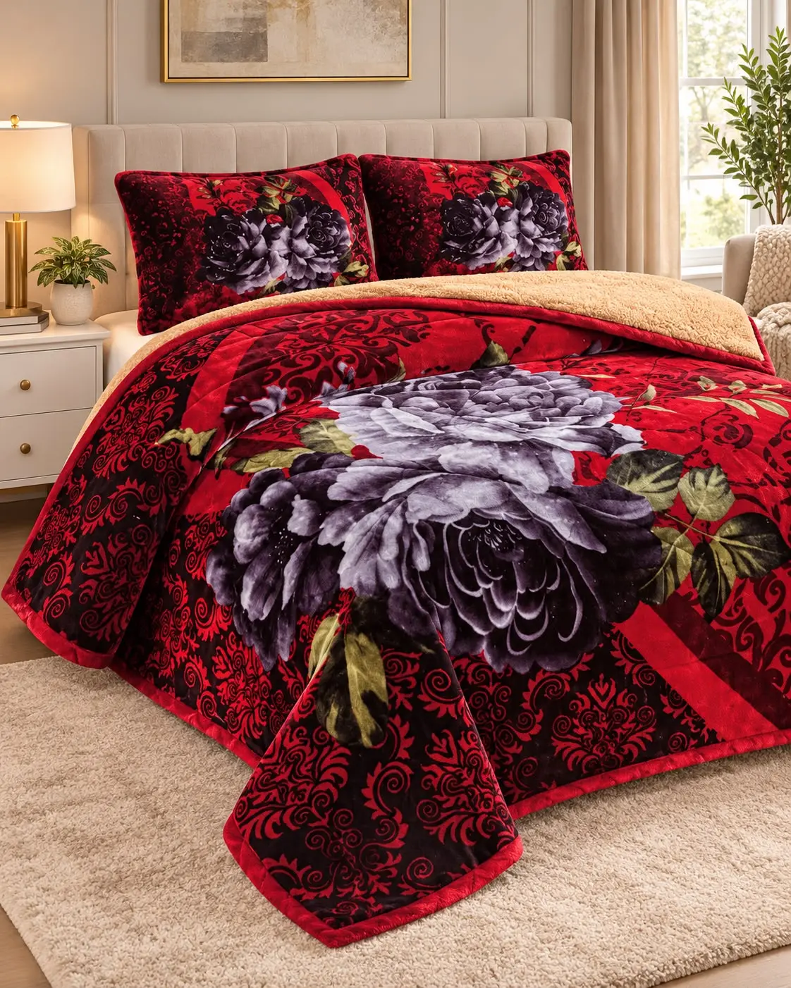 3pc sherpa Blanket set- Burgundy floral  CALI KING FITS KING