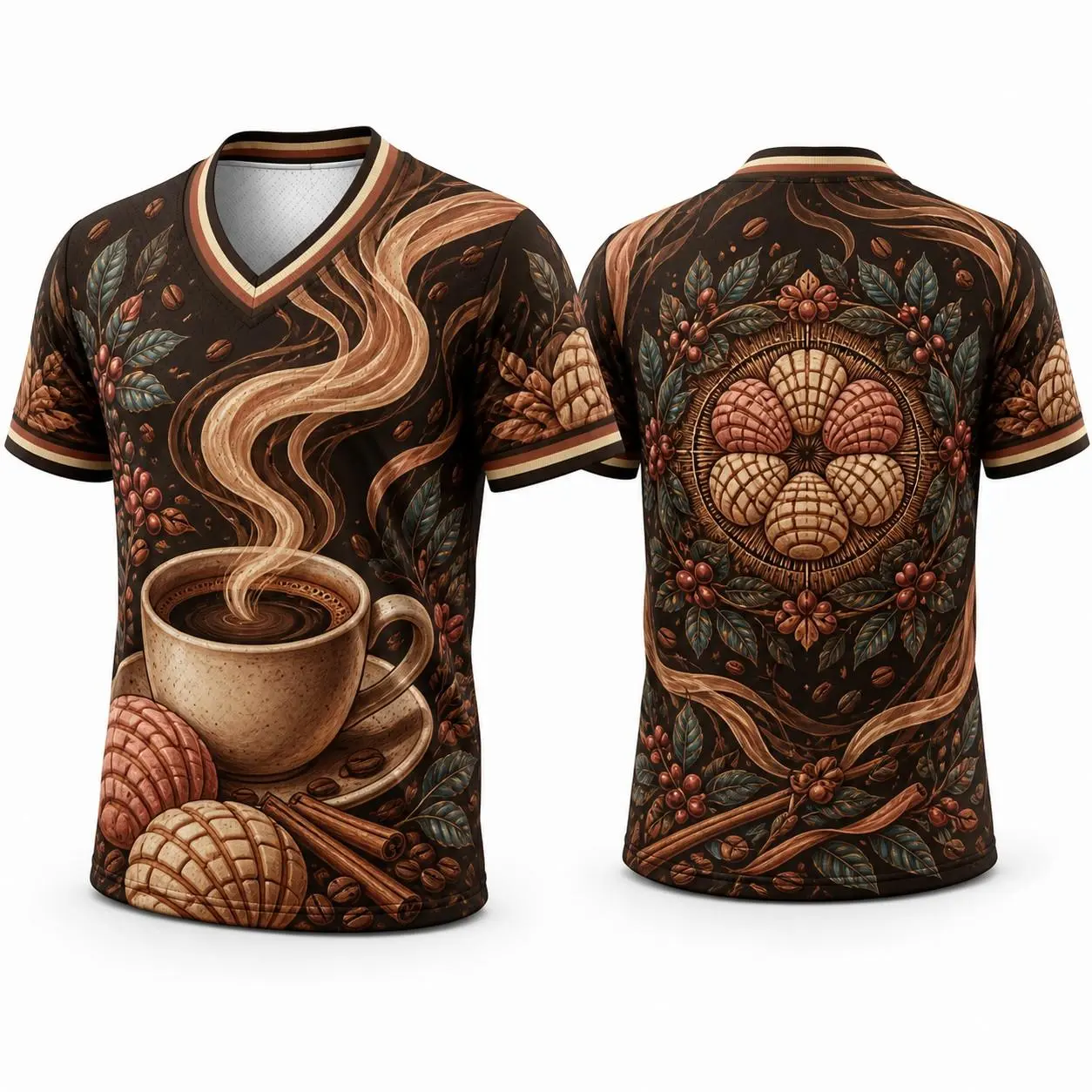 Hispanic Heritage Month Inspired Coffee and Concha Pattern V Neck Mesh Shirt, All Over Print Short Sleeve Athletic Jersey, Unisex Cultural Streetwear for Men and Women