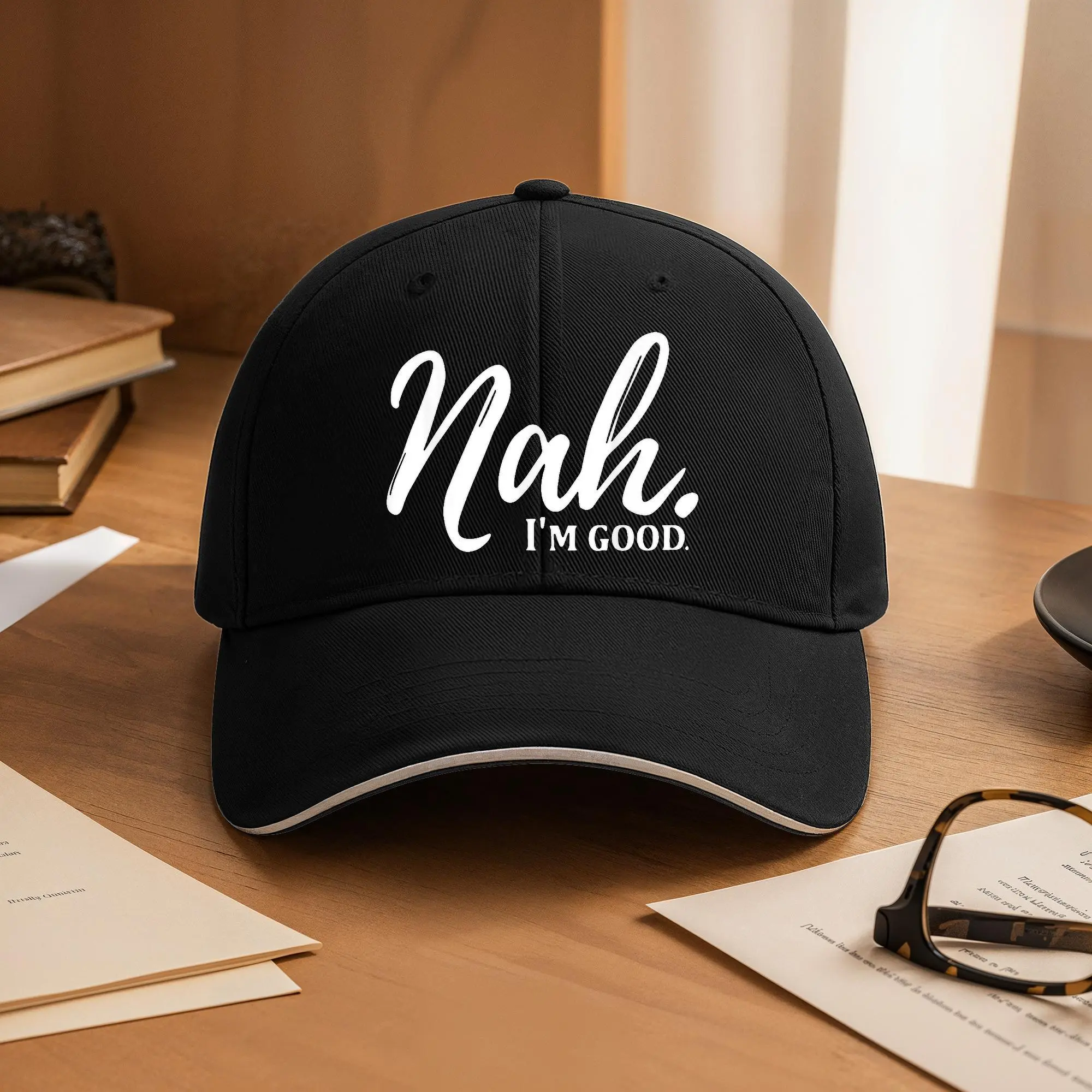 Men's "Nah I'm Good" Cursive Dad Hat, Adjustable Baseball Cap with a Wide Brim for Everyday Outdoor Sports & Sun Protection, Line Dry