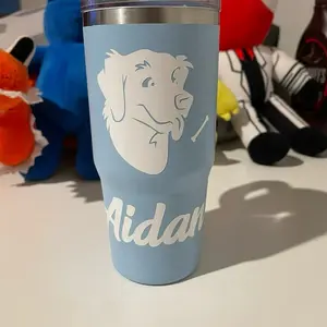 Personalized Toddler Tumbler with Dog Design and Name on Light Blue Background - Customizable Drinkware for Toddlers - Perfect Gift for Daily Use