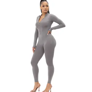 Lia Zipper Front Mock Neck jumpsuit Casual Comfort Dress Womenswear Day Overalls Style Underwear Fitted Long Sleeve Minimalist Lady Basic