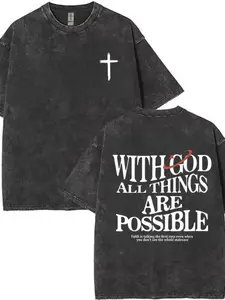 Men's vintage washed T-shirt with the design 'With God all things are possible' from Matthew , loose fit short-sleeve shirt, black with white lettering, casual attire, high-quality fabric