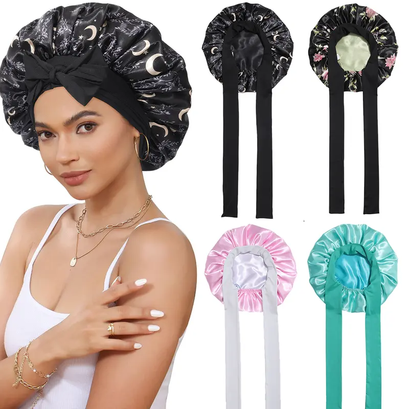 AWAYTR Polyester Reversible Double-Layer Satin Sleeping Bonnet for Adults, Casual Evening Anti-Frizz Haircare Cap with Stars-Moon Black Print, Adjustable Elastic Broad Band, Curly Hair Wash/Face Wash Hat