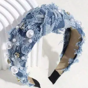 Pearl Bling Headband ~ Distressed Denim