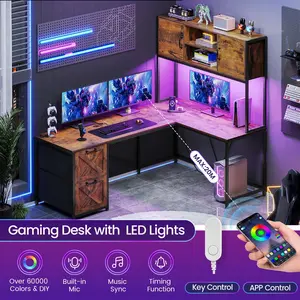 SEDETA 62inchL-Shaped Computer Desk with Storage Storage Shelf, LED Lights Game Table Writing Desk Study Desk Gamer's Table