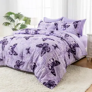 Bed in A Bag Full/ Size 7 count, Purple Paisley Butterfly Bedding Comforter Set All Season Bed Set with 1 Comforter, 2 Pillow Shams, 1 Flat Sheet, 1 Fitted Sheet, 2 Pillowcases