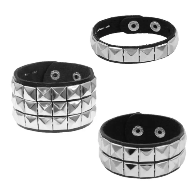 Unisex Punk Rock 3pcs Studded PU Leather Cuff Bangle Set - Fashionable Bangle with Triple Layers, All-Match Costume Jewelry Gift Package for Men & Women, Anniversary, Stud Pattern, Unisex Fit, Everyday Wear Jewelry, All-Match Jewelry