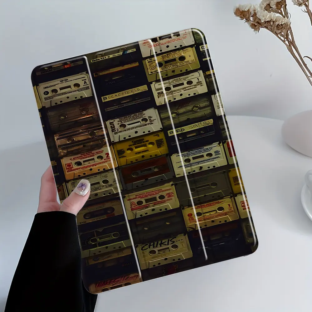Retro Tape Pattern Design Four-Corner Drop-Resistant Foldable Tablet Protective Case with Pen Slot,Suitable for iPad Mini, Air, Pro 4,5,6,7(2017,2018,2019,2020,2021,2022,2023,2024,2025 models),and Samsung S6,7,8,9,10FE + A7 LTE tablet cases