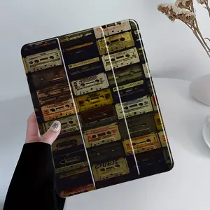 Retro Tape Pattern Design Four-Corner Drop-Resistant Foldable Tablet Protective Case with Pen Slot,Suitable for iPad Mini, Air, Pro 4,5,6,7(2017,2018,2019,2020,2021,2022,2023,2024,2025 models),and Samsung S6,7,8,9,10FE + A7 LTE tablet cases