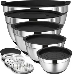 8pcs Stainless Steel Mixing Bowl Set with Airtight Lids Non Slip Silicone Base Baking Serving Storage Kitchen Organization Set
