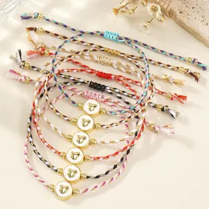 2PCS Vintage Enamel White Copper Heart Bracelet - 4-Strand Gold Thread Cotton Cord with Copper Bead Accents, Unique Versatile Jewelry