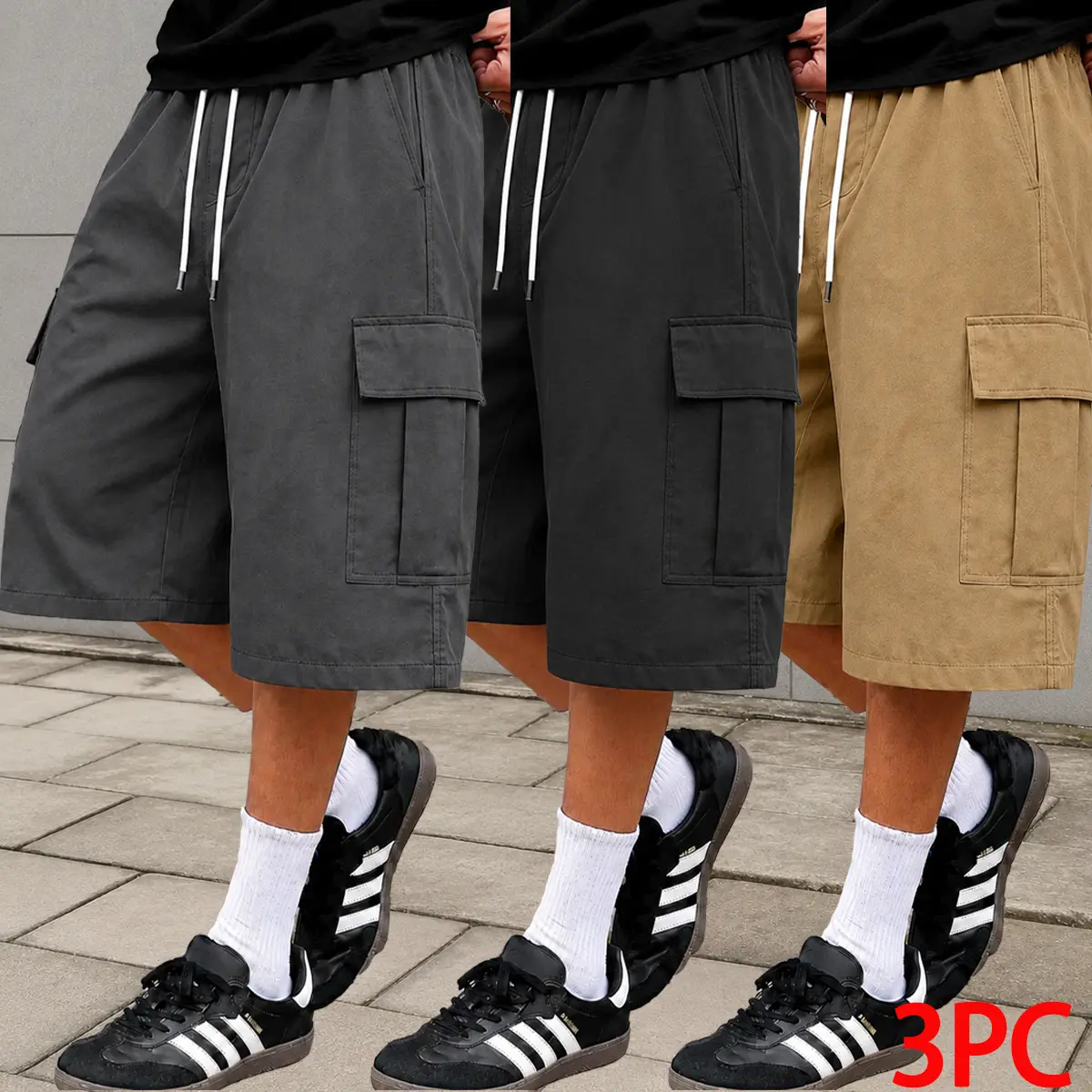 Everyday essential three-color cargo capris, 3-piece set featuring a loose drop-crotch fit plus practical side pockets with large capacity, skin-friendly moisture-wicking fabric—ideal for shopping runs, campus outfits, and short trips.