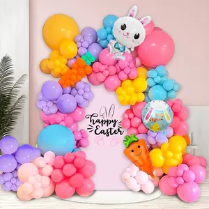 128pcs Easter Theme Balloon Chain Set, Bunny with Carrot Foil Balloons, Matte Multi-Color Latex Balloons, Perfect for Easter Party Decorations