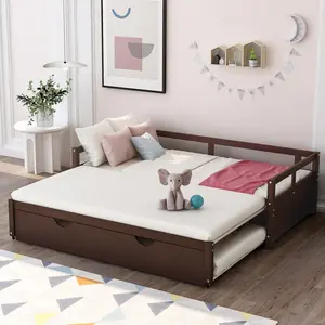 Extending Daybed with Trundle, Wooden Double Twin Daybed with Trundle, No Box Spring Needed