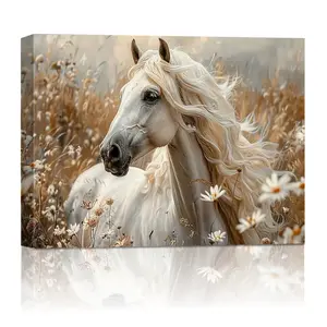 1 piece of white horse canvas wall painting  High-definition canvas decorative painting 11.8* 15.7inch (30* 40cm ) with wooden frame  Modern home decoration, can be directly hung in the living room or bedroom