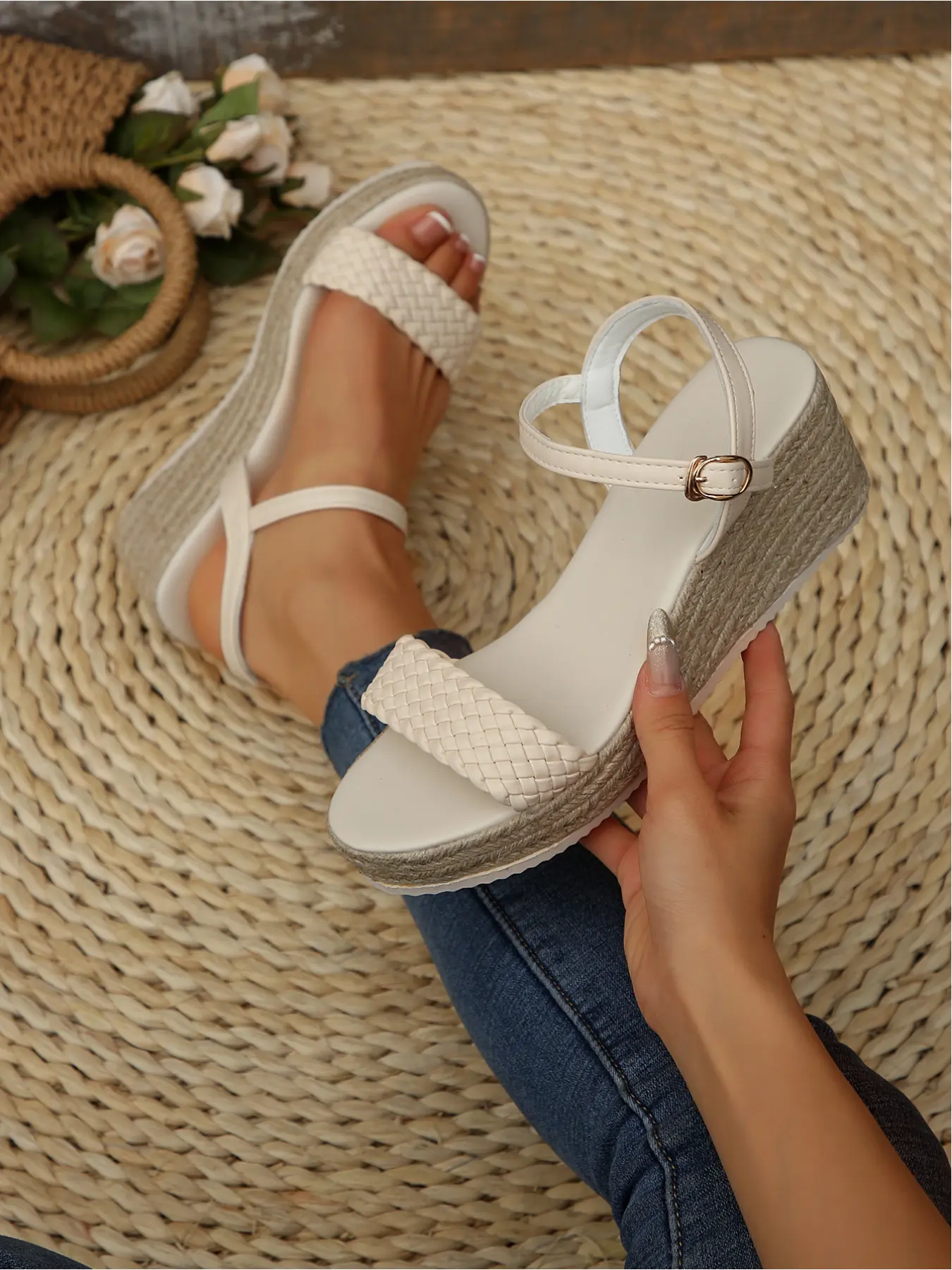 A pair of new large-size women's one-strap wedge-heeled buckle sandals for outdoor wear, stylish, simple, comfortable, suitable for daily commuting and parties, versatile wedge-heeled thick-soled sandals Higher Platform Sandals Wedge Sandal Shoes