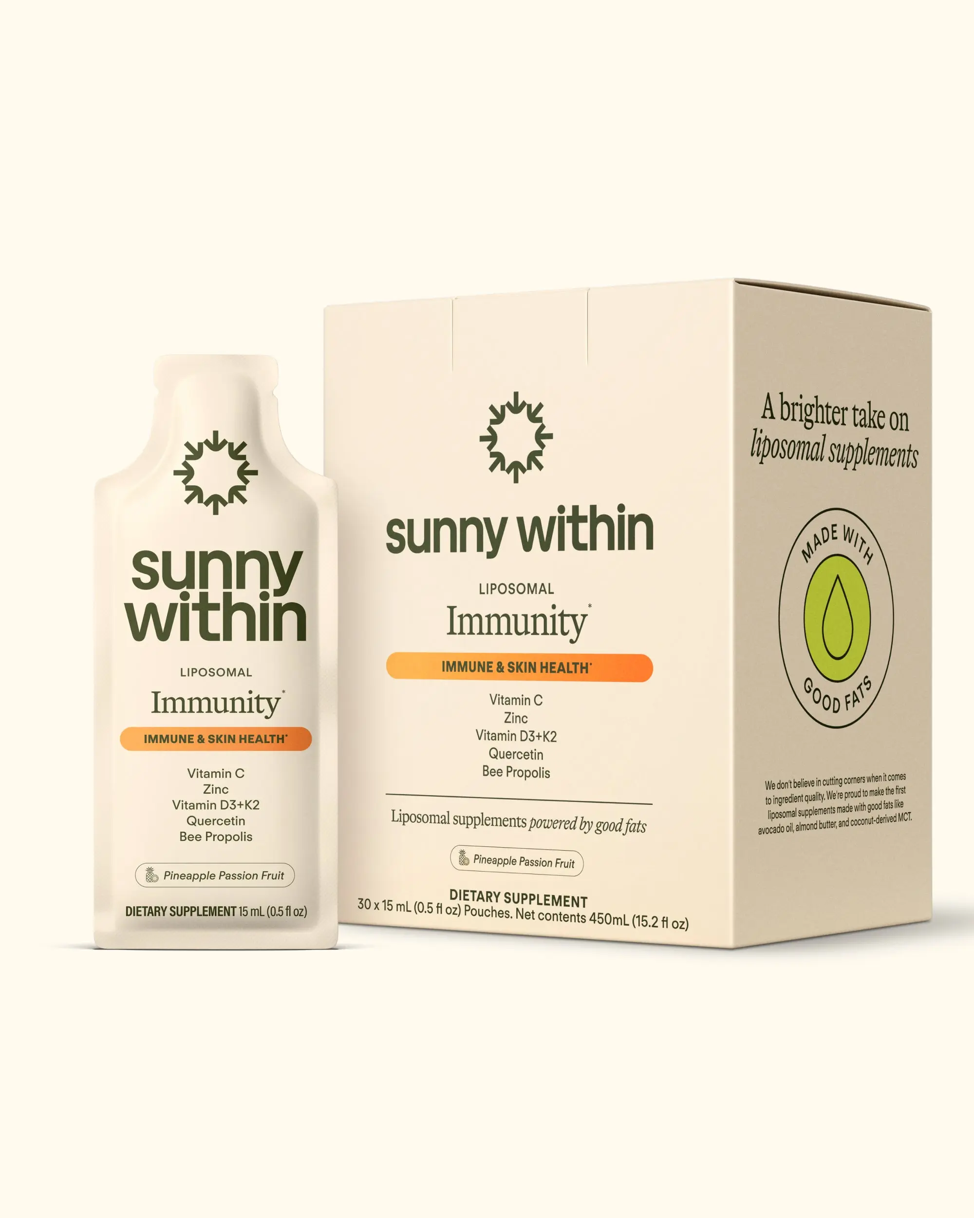 Immunity by Sunny Within - Pineapple Passion Fruit Flavor (30 Pouches) - 6-in-1 super immunity stack with liposomal Vitamin C, Bee Propolis, Quercetin, Zinc, and Organic Avocado Oil for absorption