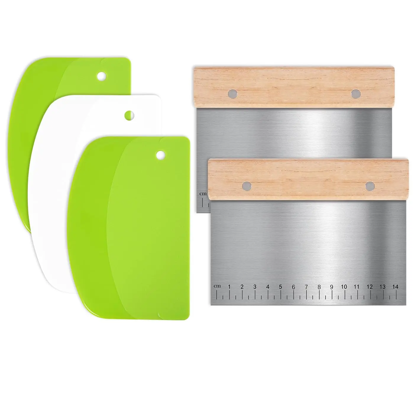 5pcs Specialty Kitchen Utensils Set - Smooth Stainless Steel Scale with Frost Surface, 2-Piece Wooden Handle Half-Round/Right-Angle Dough Scrapers, 3-Piece PP Plastic Food Scrapers with Hanging Holes for Pastry, Bread, Measuring Edge