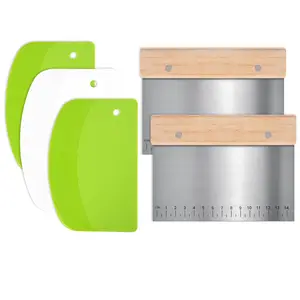 5pcs Kitchen Utensils Set with Wooden Handle Stainless Steel Dough Scraper (2-Piece) and PP Plastic Food Scraper (3-Piece with Hanging Hole) - Multipurpose Scale, Measure Cutter for Pastry, Bread
