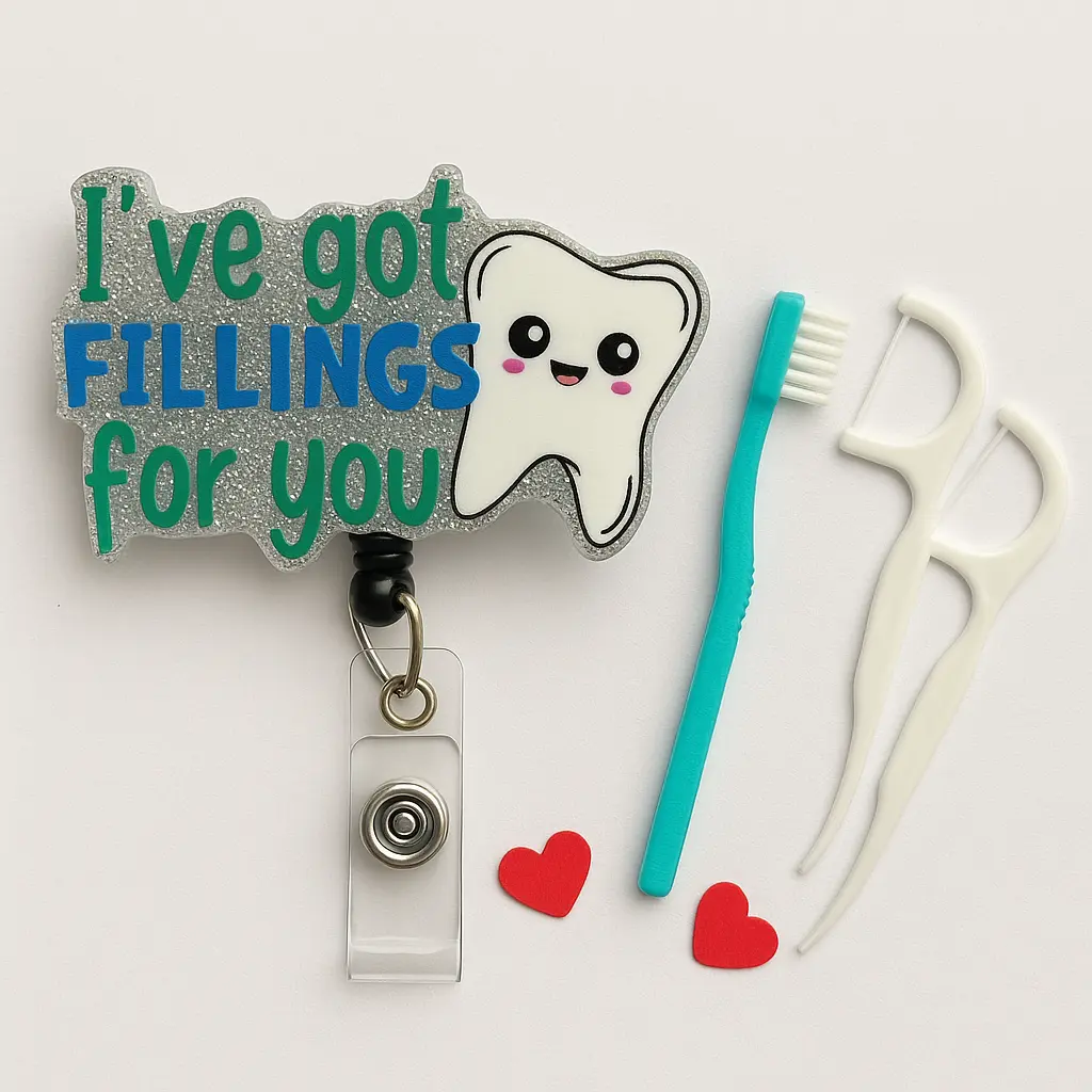 Dental Badge Reel "I’ve Got Fillings for You" - Durable Materials for Dentists Hygienists & Assistants - Secure & Visible Badge Holder