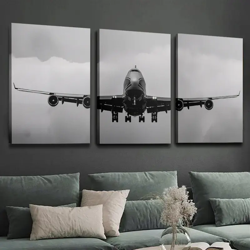 Black and White Geometric Airplane Flight Wall Art Prints - 3-Piece Large, High-Res Printing, Pine Wood Frame, Decorative Home Supplies for Living Room, Office, Vehicles