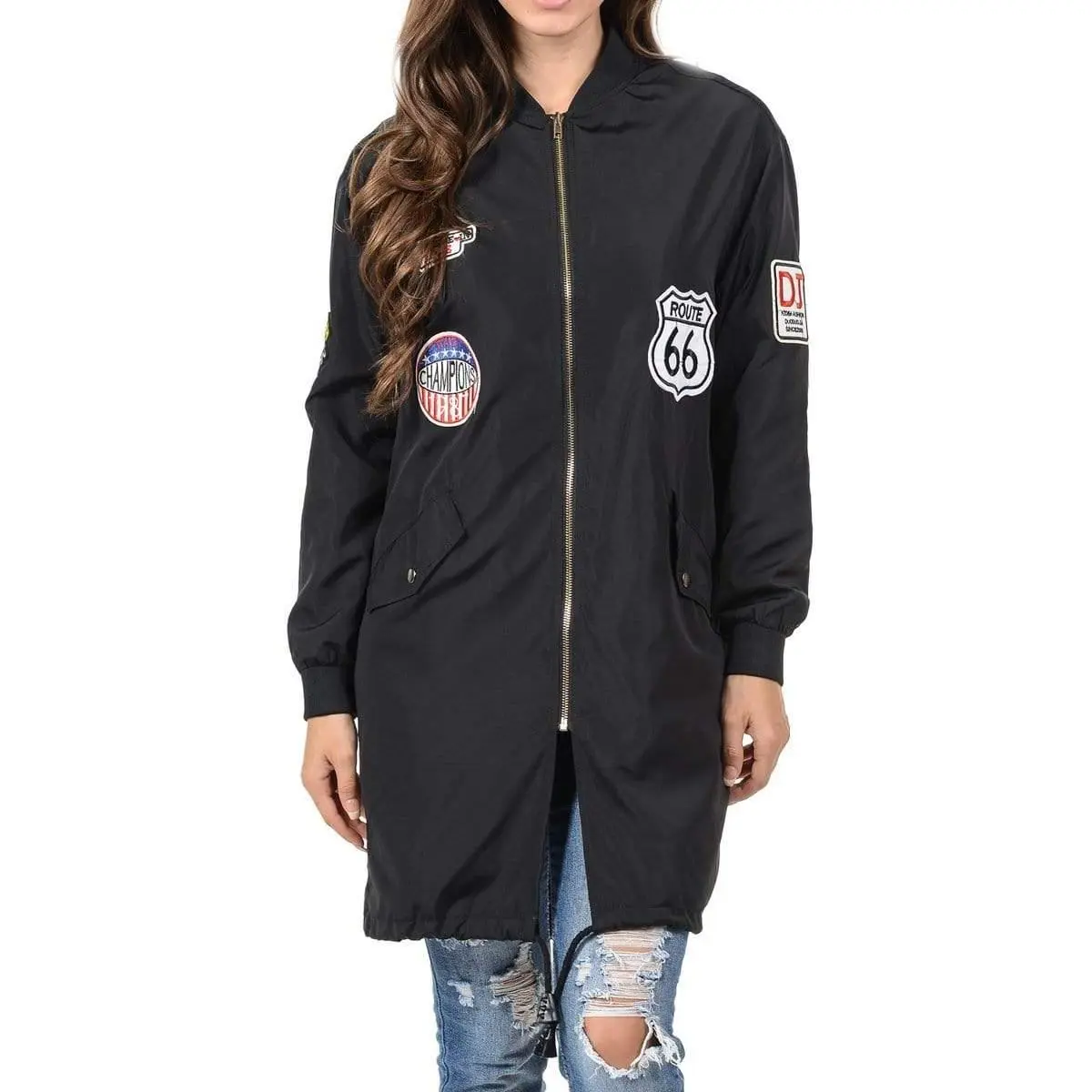 Auliné Collection Womens Lightweight Long Patched Windbreaker Bomber Jacket