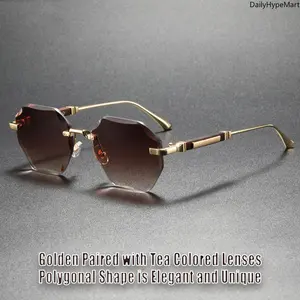 Unisex Rimless Polygonal Sunglasses - Sunglasses for Women, Men's UV400 Protection Eyewear, Golden Frame, Tea Colored Lenses, Elegant Unique Design for Driving, Daily Use