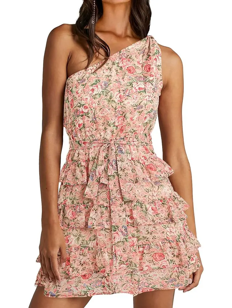 BTFBM Women One Shoulder Summer Dresses 2026 Floral Sundress High Waist  Tiered A-Line Mini Beach Wedding Guest Dress #Outdoorfun - TikTok Shop