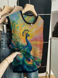 Women's Casual Loose-Fitting Round Neck Sleeveless Knit Top, Fall & Winter Fashion, Colorblock Design, Perfect for Daily Wear