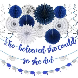 Navy-Blue  Party-Decorations Graduation Banner-Streamers - 18 count Kits 2026 Congratulations Grad She Believed She Could So She Did Garland,Paper Tissue Pom Poms Fan,Honeycomb Lanterns