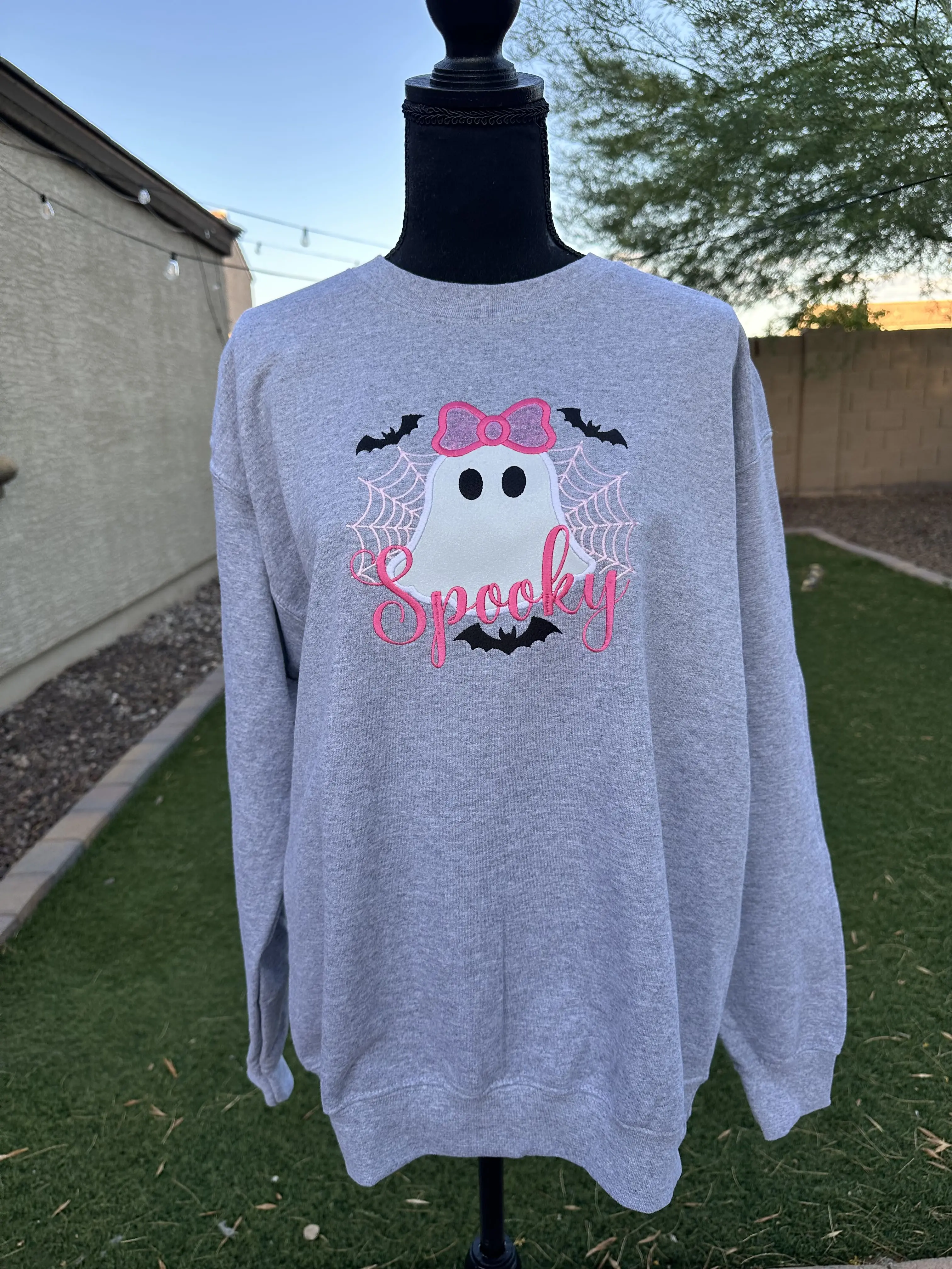 Embroidered Spooky Ghost w/Bow Glitter Applique Sweater, Halloween, Summerween, Hoodie, Sweatshirts, Crewneck